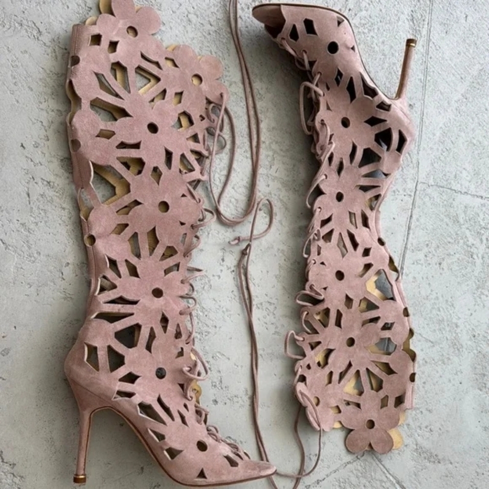 Manolo Blahnik RARE Laser-Cut Cutout Lace-Up Knee-High Heeled Boots- Tan 37 EUC